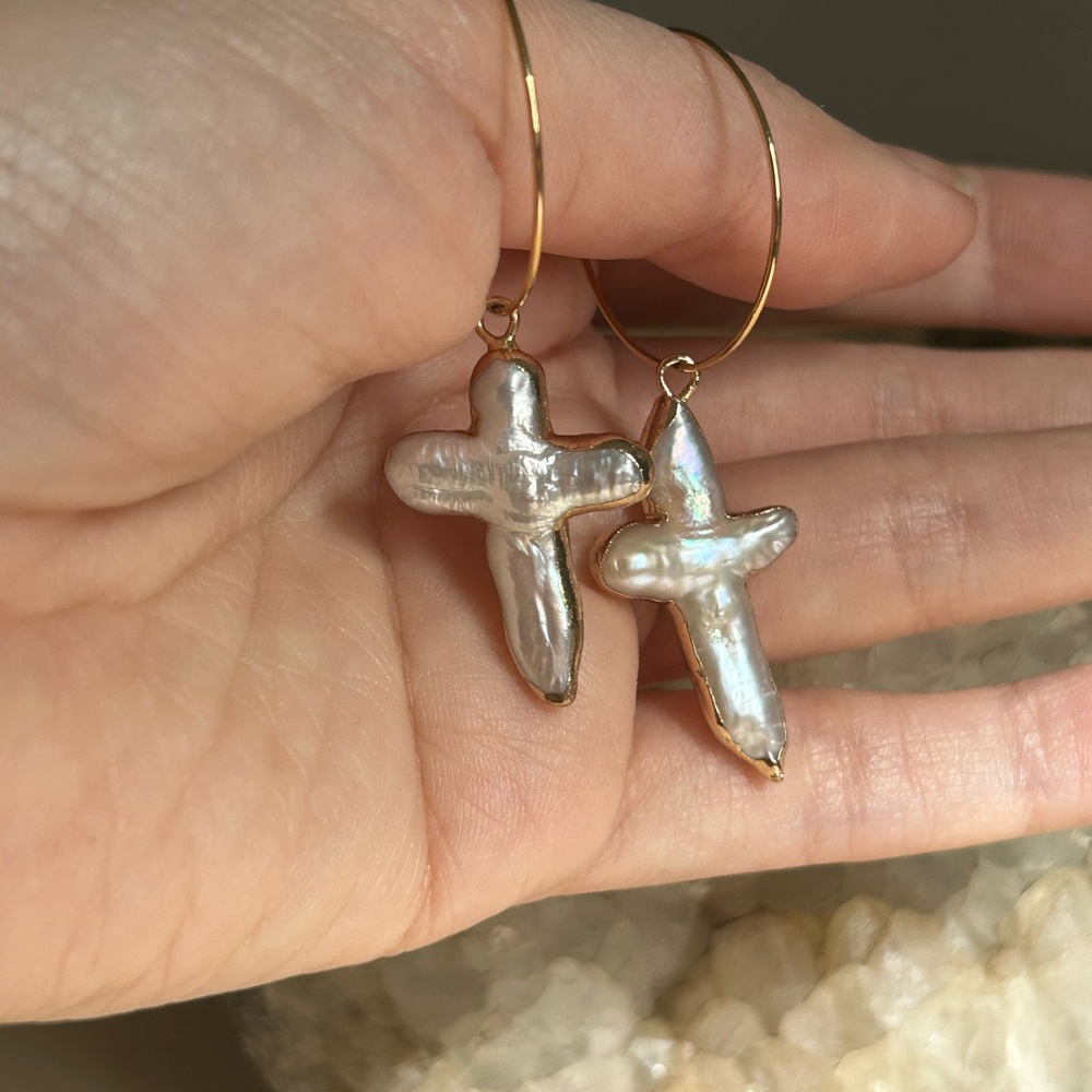 Gold plated and Natural Pearl Cross Earrings